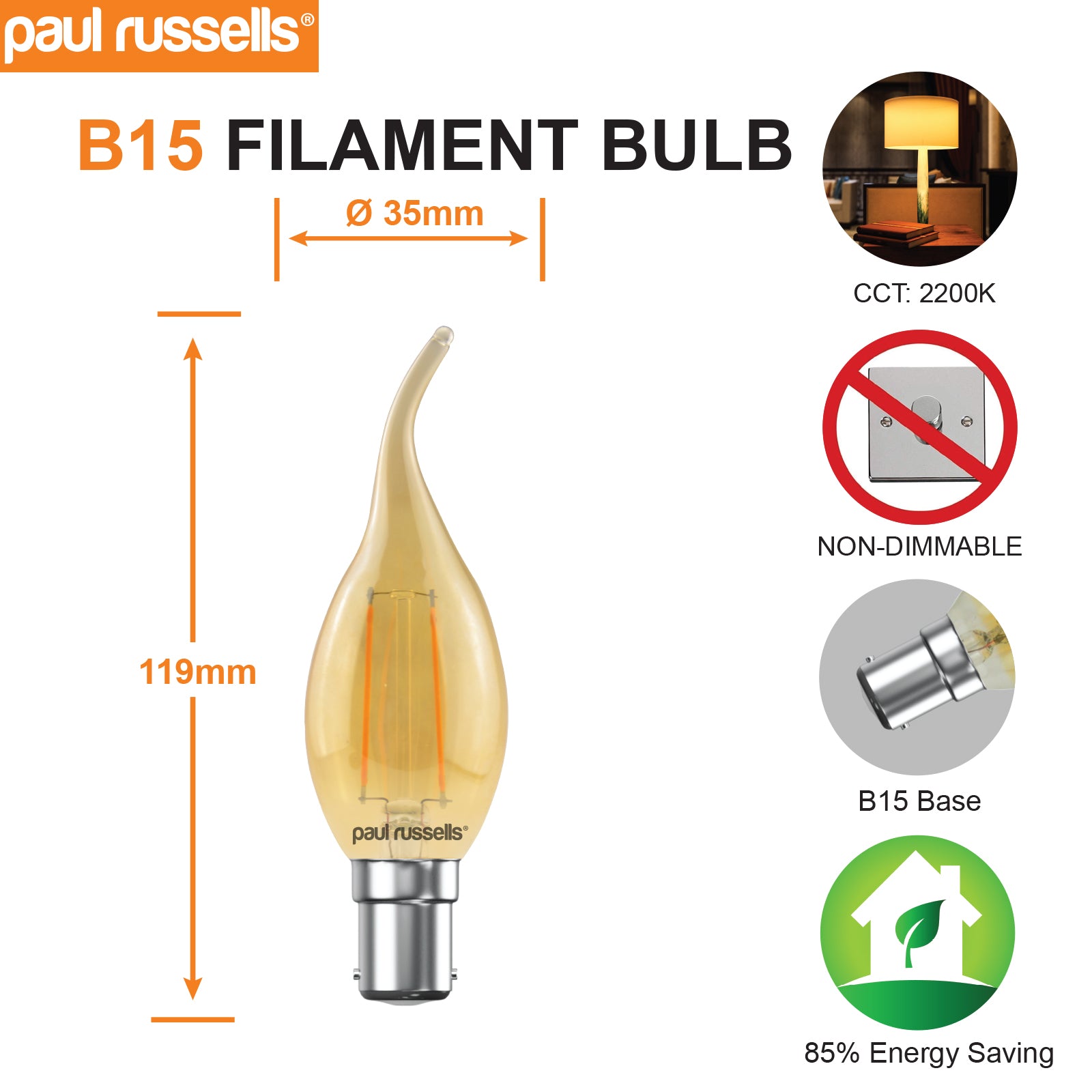 LED Filament Bent Tip Candle 2.5W=20W Extra Warm White (AMBER) SBC B15 Small Bayonet Cap Bulbs