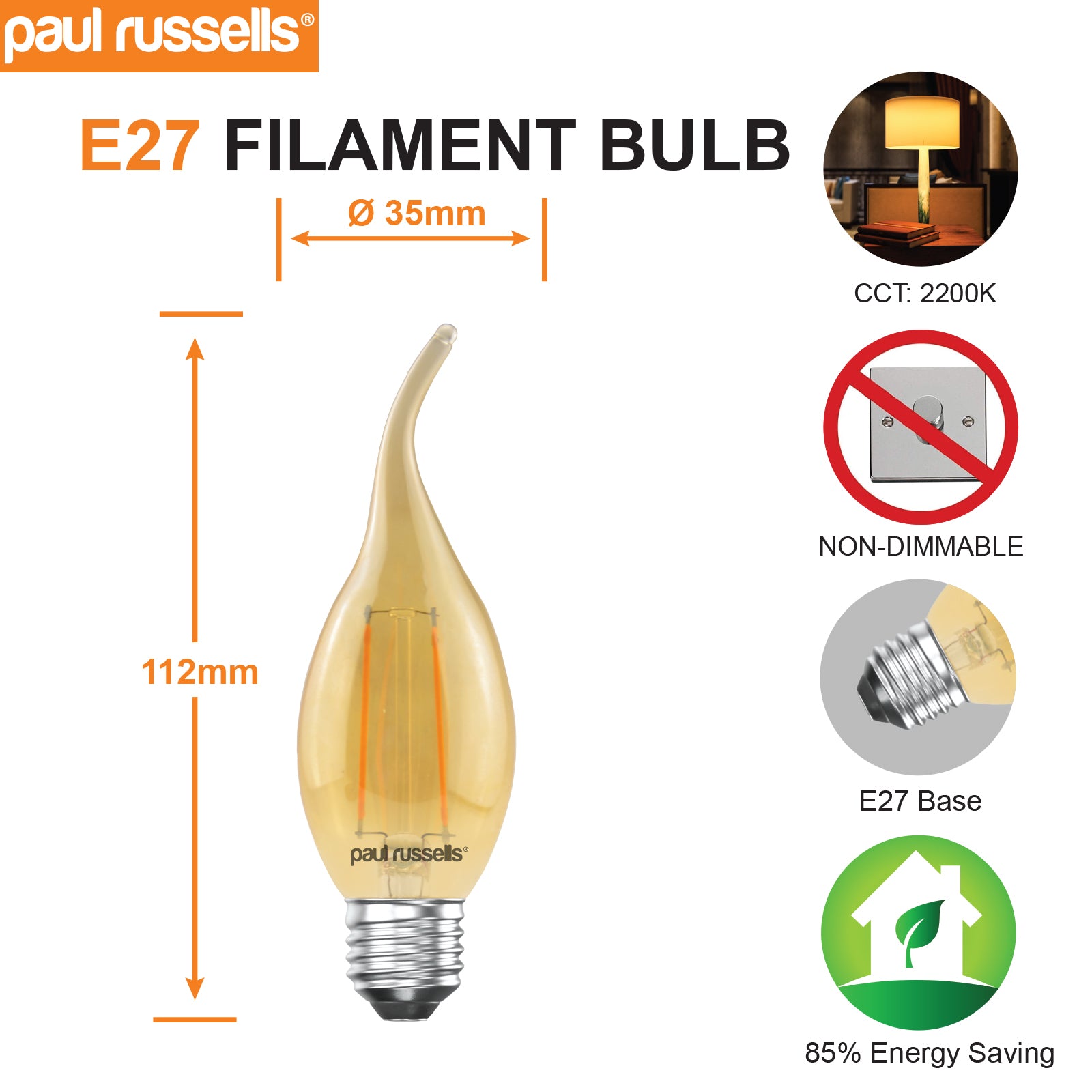 LED Filament Bent Tip Candle 2.5W=20W Extra Warm White (Amber) ES E27 Edison Screw Bulbs