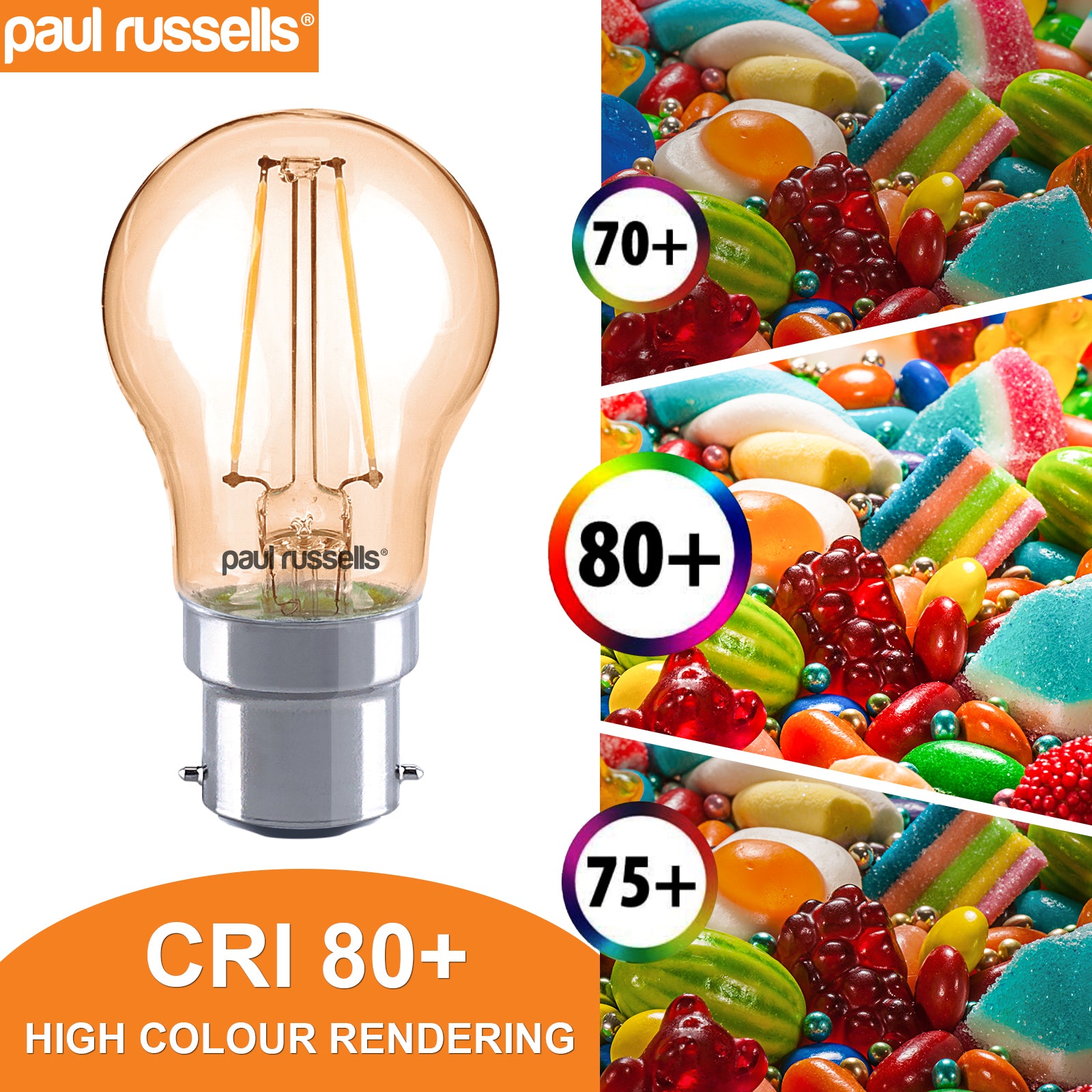 LED Filament Golf Ball 2.5W=20W Extra Warm White Amber 2200K BC B22 Bayonet Cap Bulbs