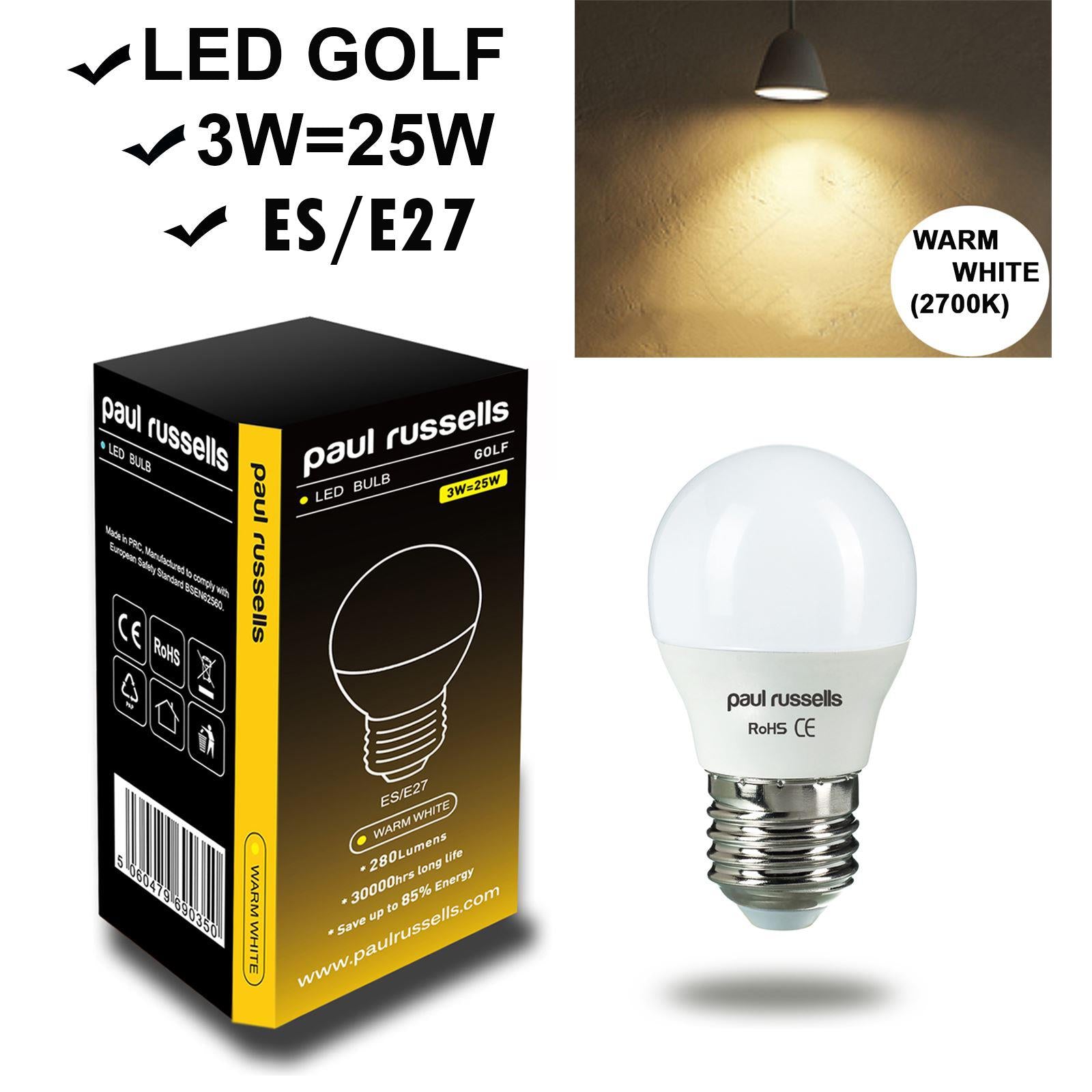10x Pack LED Golf Ball 3W=25W Warm White ES E27 Edison Screw Bulbs