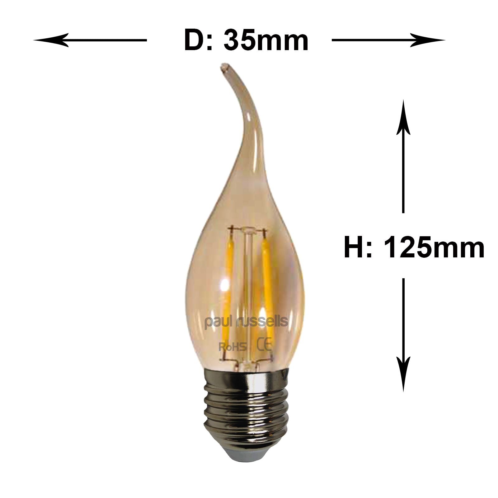 10x Pack LED Filament Bent Tip Candle 2W=25W Extra Warm White ES E27 Edison Screw Amber Bulbs